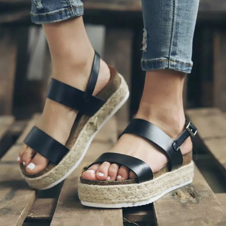 

Med Round Toe Large Size Buckle Beige Heeled Sandals Comfort Shoes for Women Medium Big Strap Open Black Casual Solid Rubber PU