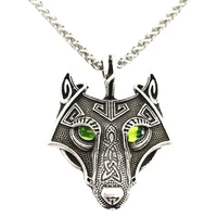 goth wolf pendant with green crystal eyes viking jewelry amulet talisman necklace for men women