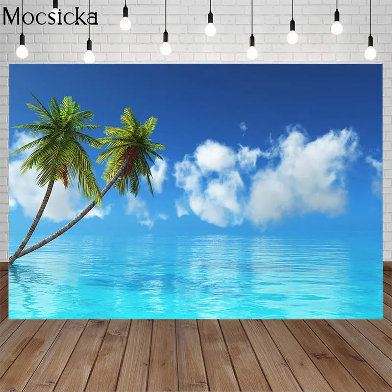 

Mocsicka летний праздничный фон для фотосъемки море и голубое небо облако Пальма для взрослых и детей реквизит для портрета фон для фотостудии