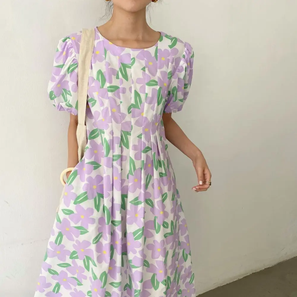 

2021 Women Summer Round Collar Folds Long Floral Dress Puff Sleeve Slim Waist A-line Midi Sundress