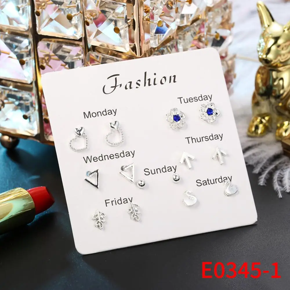 6 пар/компл. неделю серьги милые посеребренные серьги-гвоздики комплект