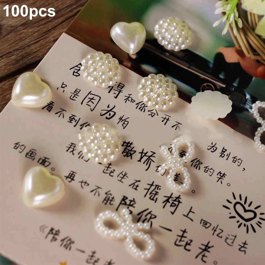100Pcs Jewelry Patchwork Bud Flatback Embellishment Resin Craft Art Heart White Imitation Pearl Clothing DIY Chic Decoration Bow | Дом и сад