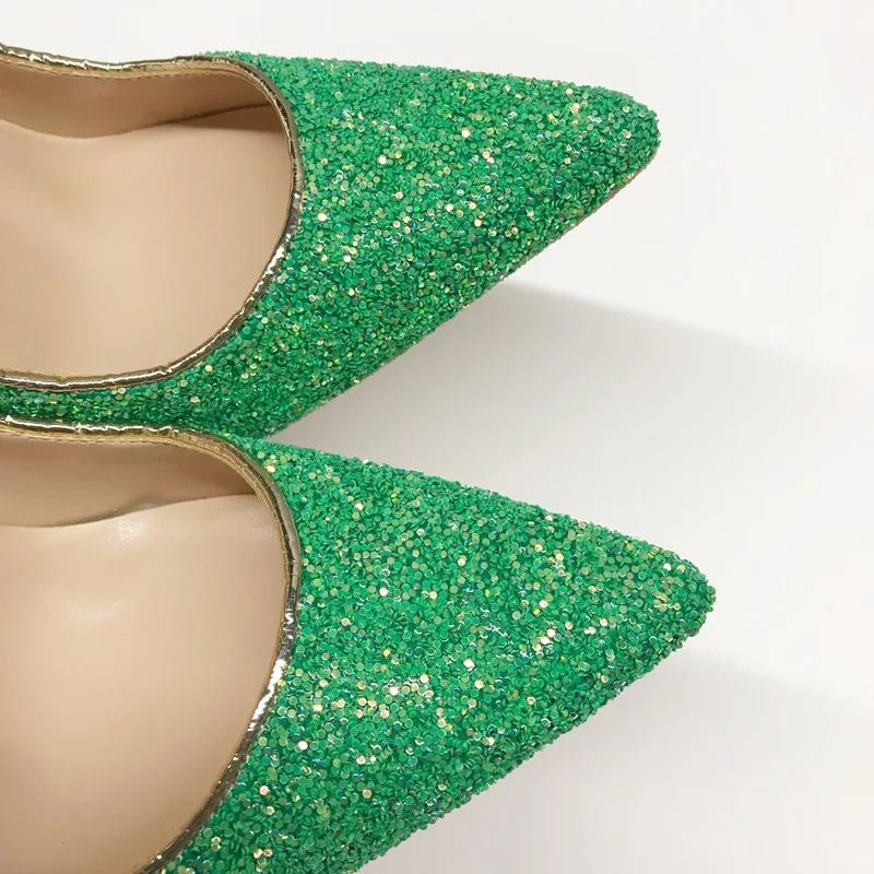 Зеленые блестящие туфли женские модельные на шпильке 12 см для ночного клуба