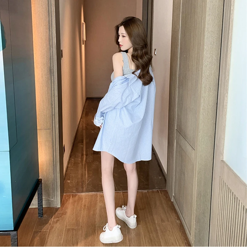 

Spring Leisure Fashion Suit Women's 202120 New Striped Shirt Small Strap Dress Summer Two-Piece Set
