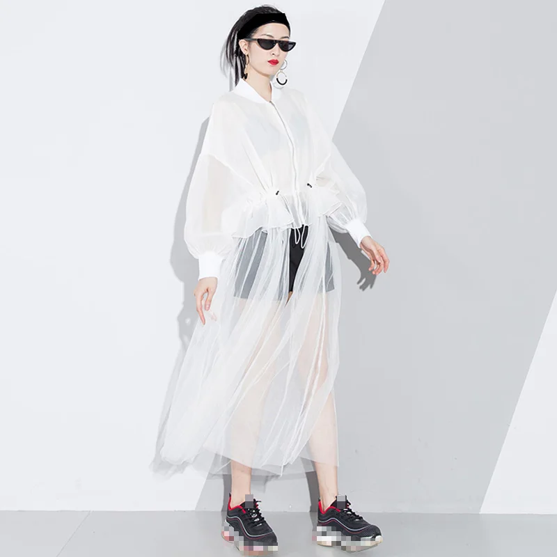 Женский Длинный сетчатый тренчкот Лоскутная ветровка на молнии с завышенной