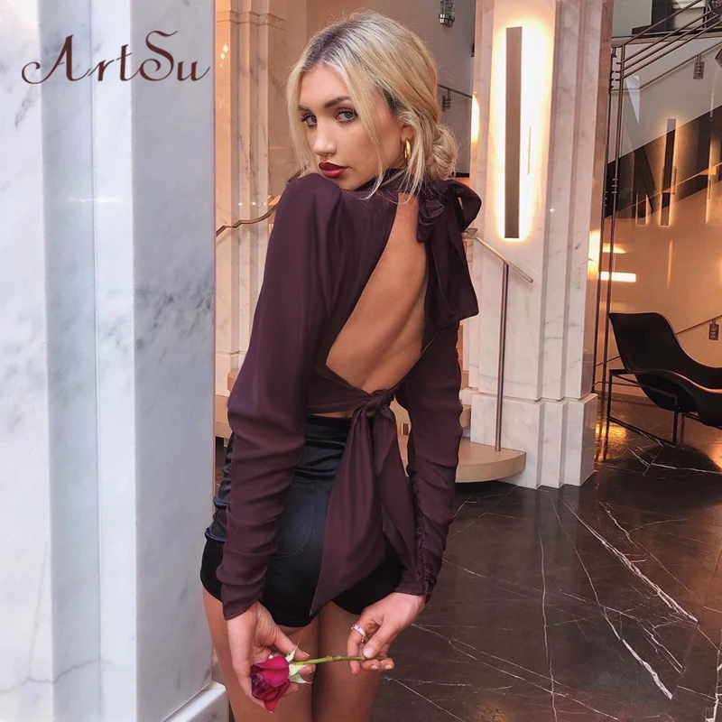 ArtSu Winered Сексуальная Блузка с открытой спиной и галстуком бабочкой рубашка