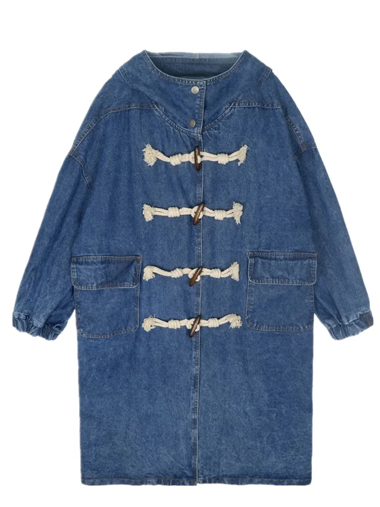 

Horn buckle denim trench coat women 2021 spring and autumn new Korean version loose bf hooded retro college mid-length coat