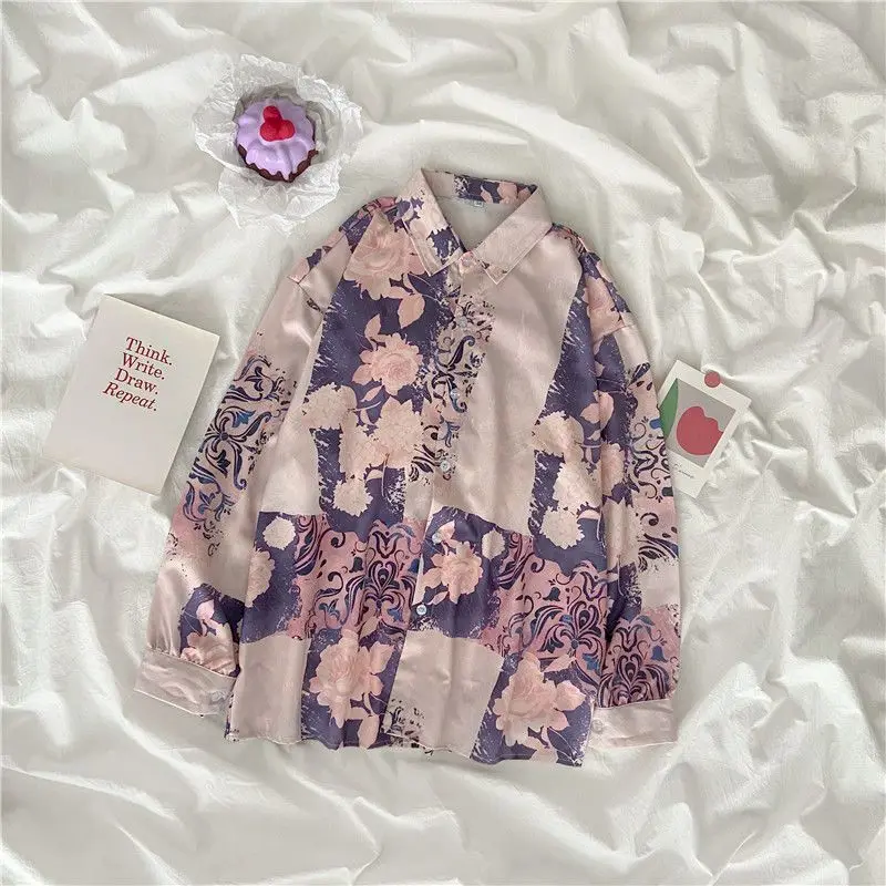 

2021 Autumn New Long Sleeve Shirt Korean Loose Top Korean Vintage Goth Flower Shirt Women Retro Clothes Clothing Women Oversized