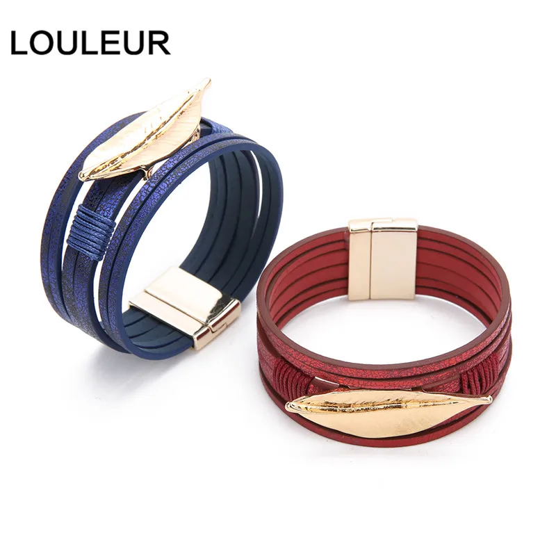 LOULEUR, красный сплав, листья, многослойный кожаный браслет для женщин, Ретро стиль, богемное очарование, широкие браслеты и браслеты, ювелирное изделие, подарок