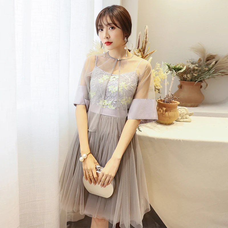Фото YIGELILA Новое поступление модное серое платье с круглым вырезом в китайском стиле