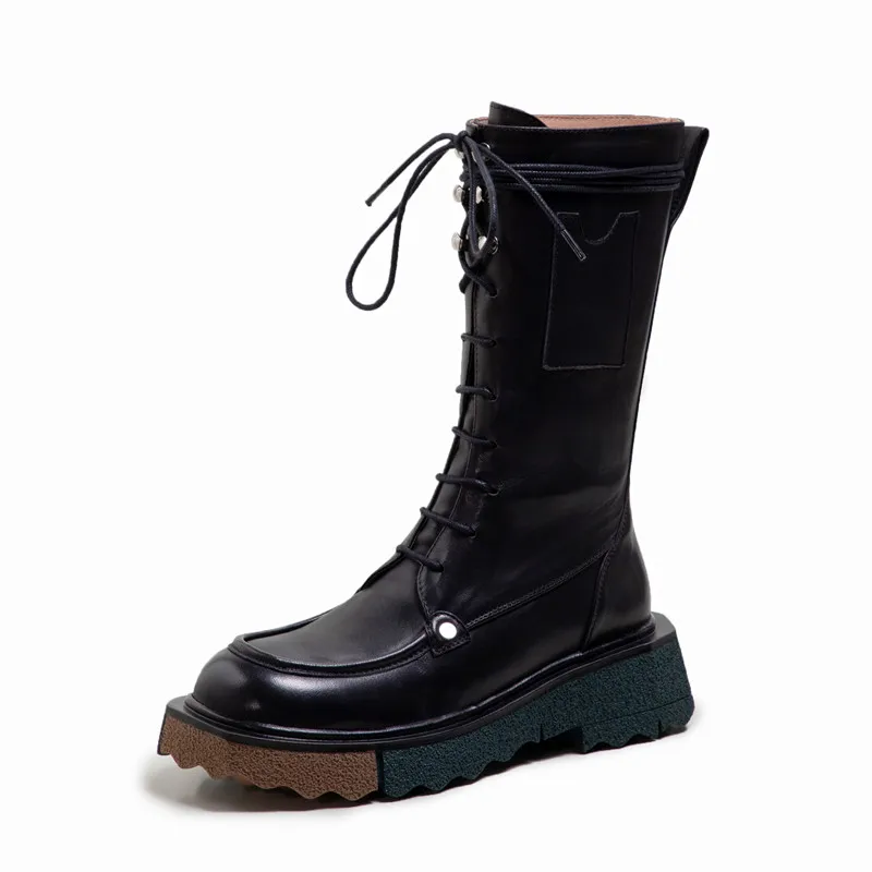 Online Asumer Sepatu Kulit Asli Baru 2021 Sepatu Bot Wanita Pertengahan Betis Sepatu Kasual Musim Gugur Musim Dingin Sepatu Bot Platform Datar Wanita Hitam