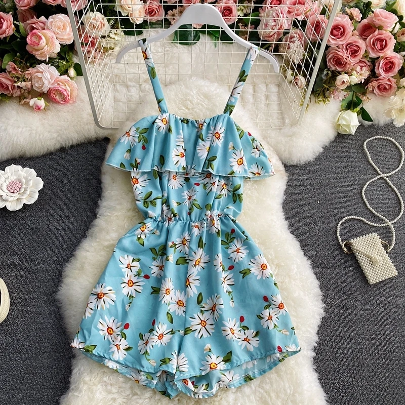 

Summer Ladies Beach Floral Print Ruffle Playsuits Lacing Up Chest Stretchy Back Sleeveless Casual Short Chiffon Romper