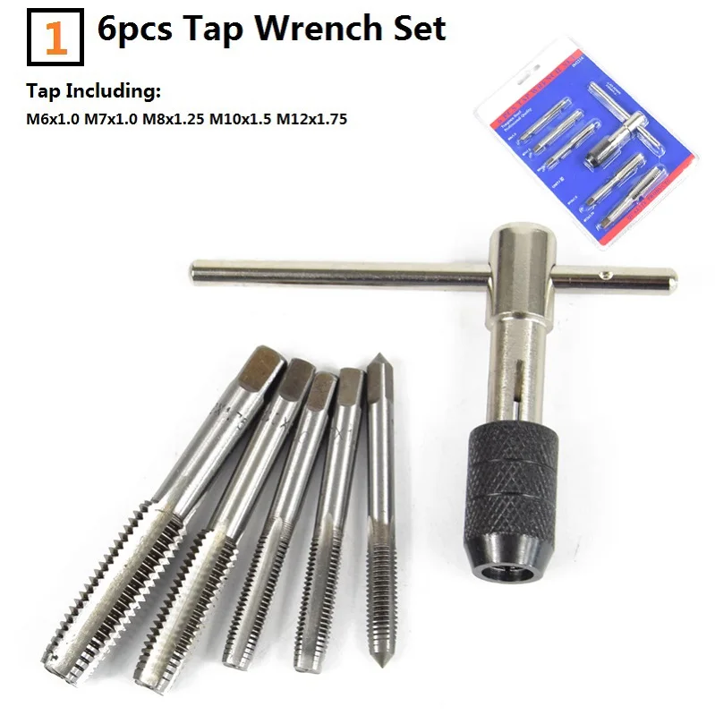 

Набор метчиков и гаечных ключей, 6/8/9 шт., M3-M12 дюйма, ручные инструменты для нарезания резьбы, набор метрических кран с винтовой резьбой спиральных сверл