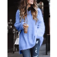 ladies hot sale solid color front short back long sweater women 2021 new round neck sweater long sleeve loose