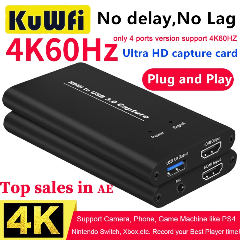 KuWFi USB3.0 HDMI 4K60Hz Захват видео с HDMI на USB Захват видеокарты Dongle Игра Потоковая трансляция в прямом эфире с входом MIC
