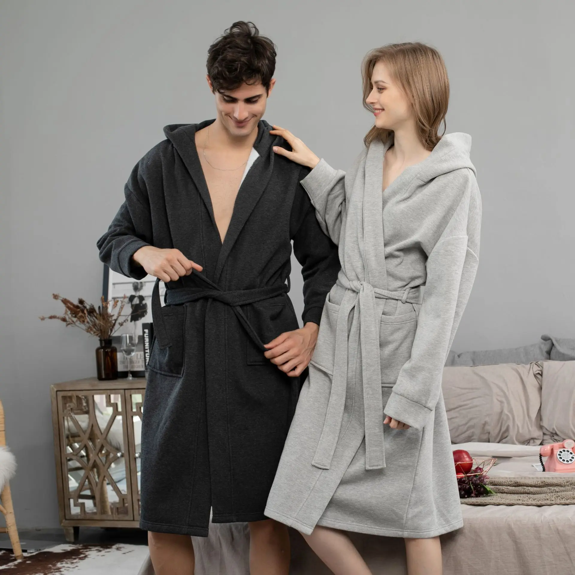 robes men Solid Color Simple Mid-Length Bathrobe Comfortable Home Pajamas 2021 New Spring and Autumn Couple Fleece Nightgown