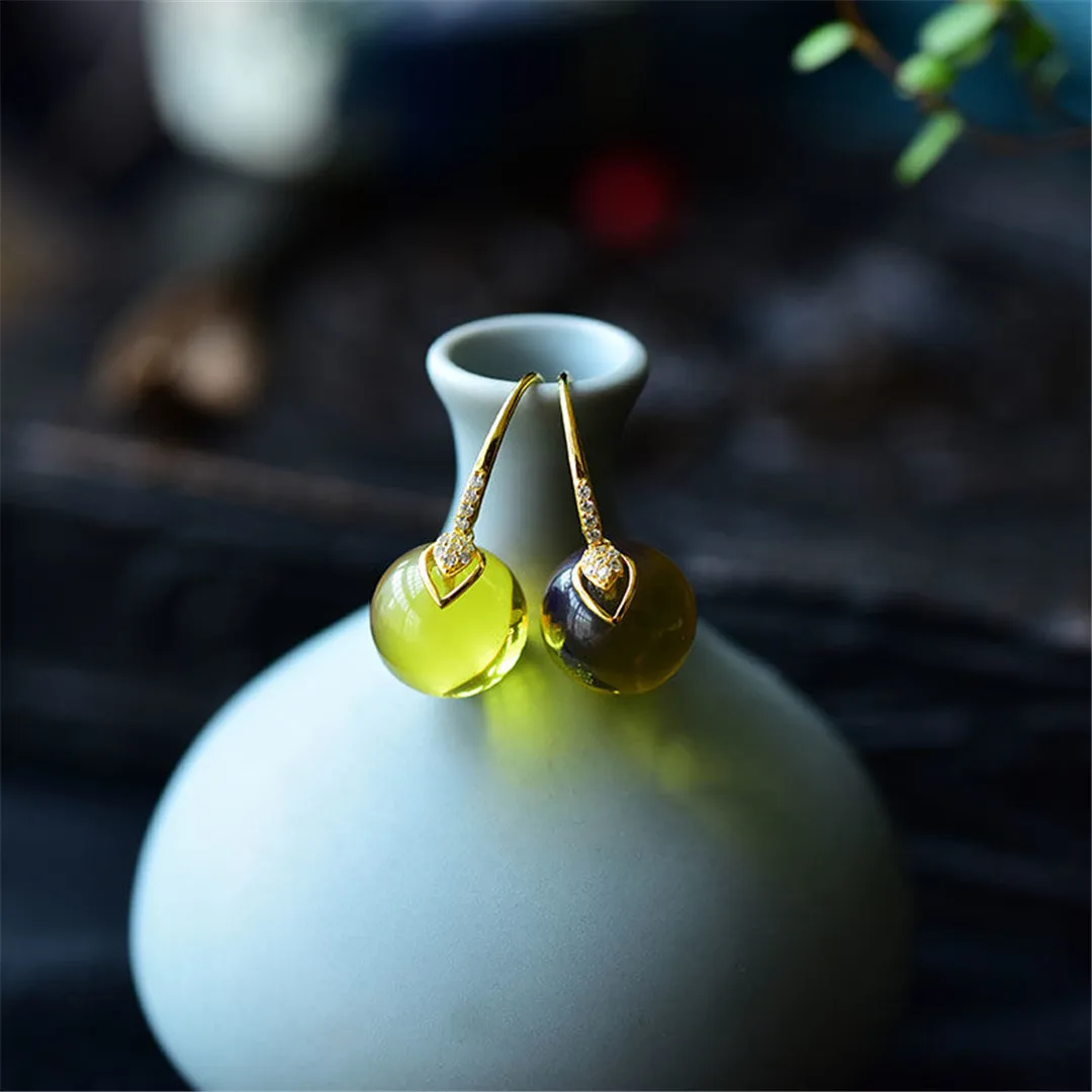 

Серьги-подвески из серебра 925 пробы с натуральным желтым и янтарным камнем, 14 мм