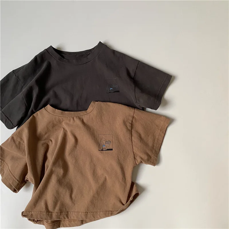 

2021 Korean Summer New Children's T Shirt Kids Childlike Comics Cute Short-sleeved T-shirt Boys and Girls Solid Loose Casual Tee