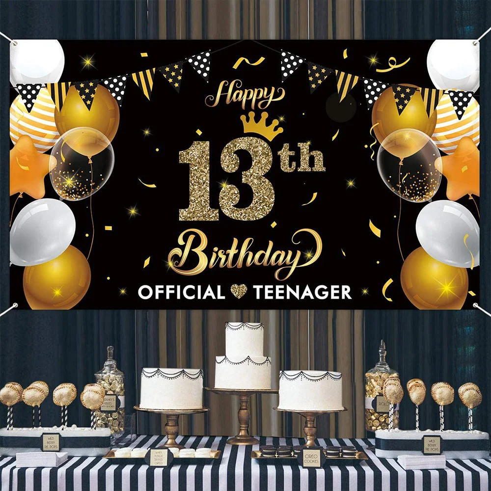13 день рождения баннер фон официальный подростковый Золотой декор для вечеринки внутренние наружные фото стенд для детей от AliExpress WW