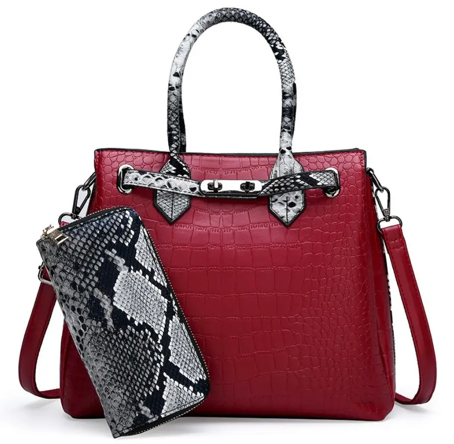 

Fashion Serpentine Shoulder Handbag Women Vintage High capacity Snakeskin Crocodile Pattern Composite Bag Purse Wallet Leather