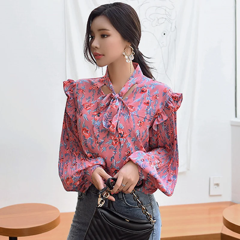 Женская блузка с рукавами-фонариками элегантная Свободная рубашка на шнуровке