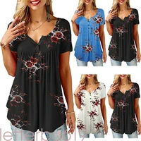 fashion women summer casual floral v neck short sleeve t shirts ladies tops tee loose baggy stretch tunic tops plus size