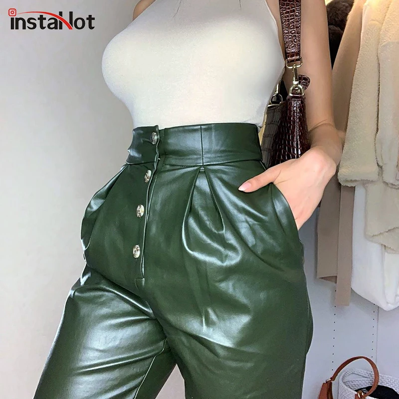InstaHot Women Faux Leather Pant Autumn Pockets Button Loose Straight Casual Elegant Streetwear Solid Green Black Trousers | Женская