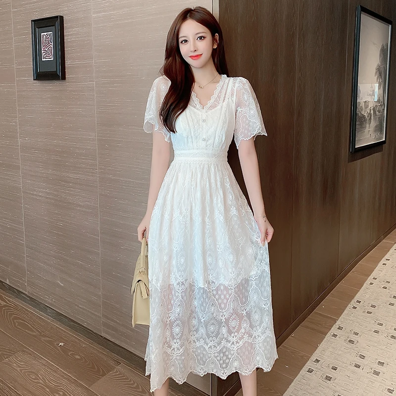 

Женское элегантное белое кружевное пляжное пикантное платье миди, летнее винтажное однотонное платье в Корейском стиле Хепберн, облегающее платье-макси, лето 2023