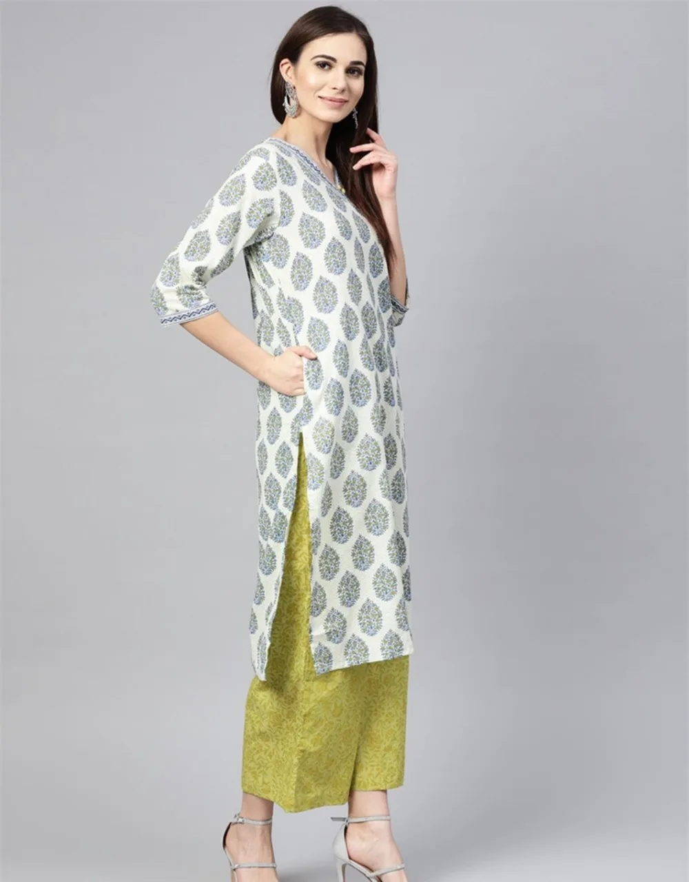 Женские Модные Этнические стили наборы печати хлопок Индия Kurtas платье леди три четверти рукав топ брюки шарф