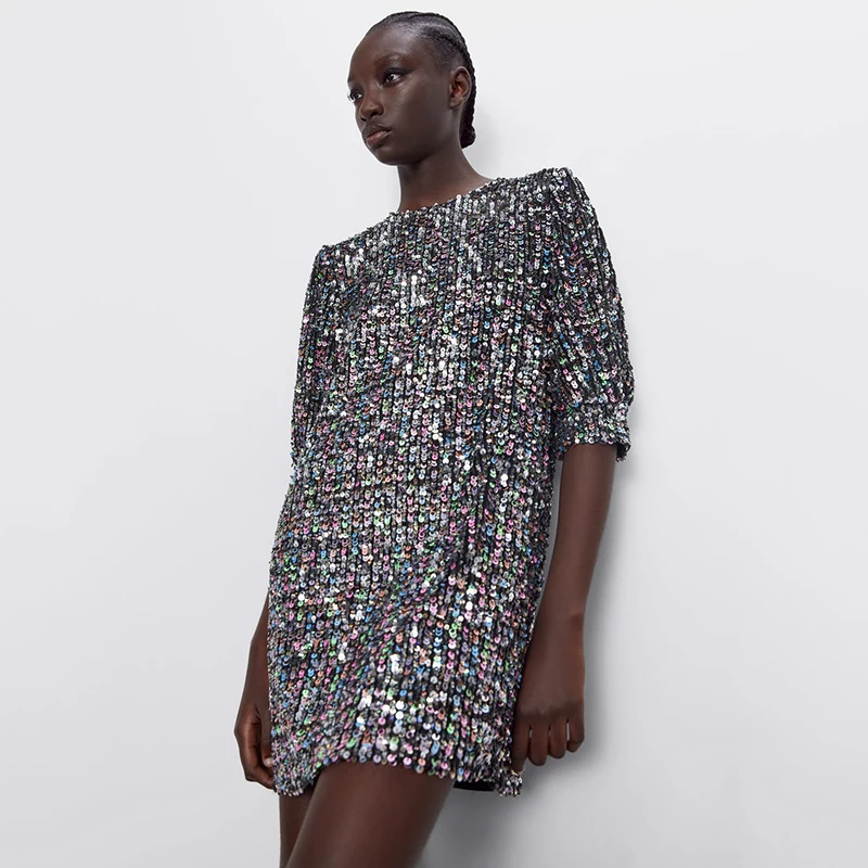 Новинка 2020 мини платье с блестками модное женское со средним рукавом и круглым