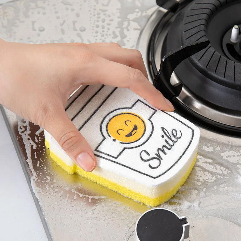 

4pcs Cartoon Smiley Face Thick Sponge Strong Decontamination Dish Washing Cloth Kitchen Cleaner Sponges Scouring Pad