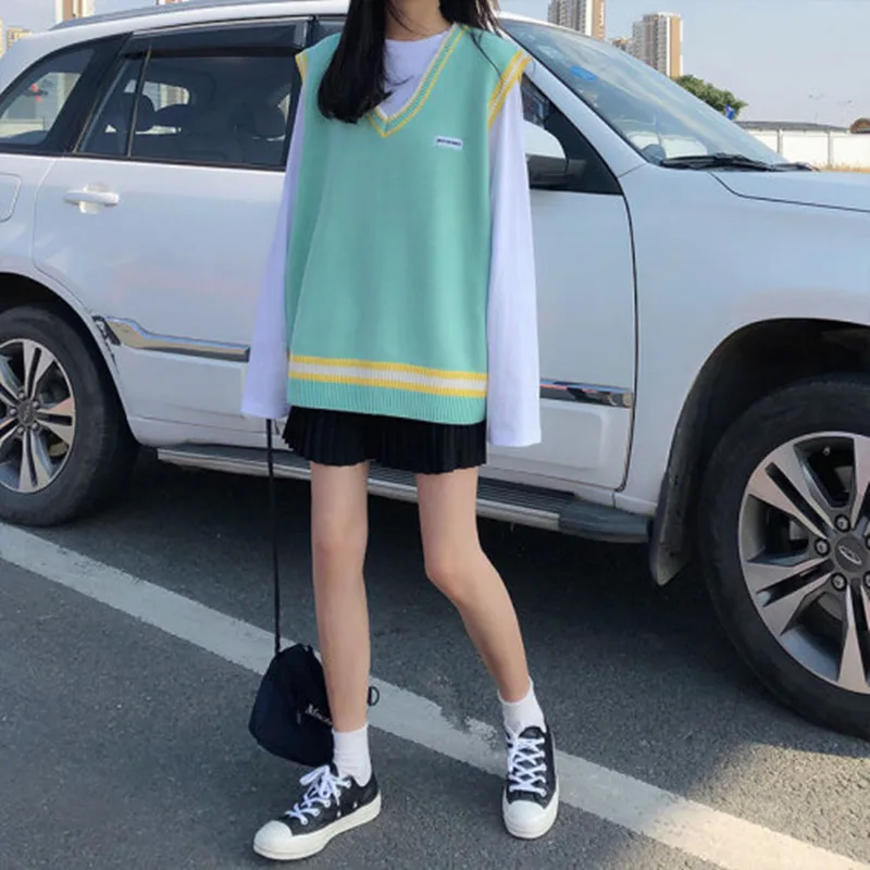 

2021 Cutumn and winter preppy style v neck color pathwork knitted sleevelesvest sweaters womens pullovers womens