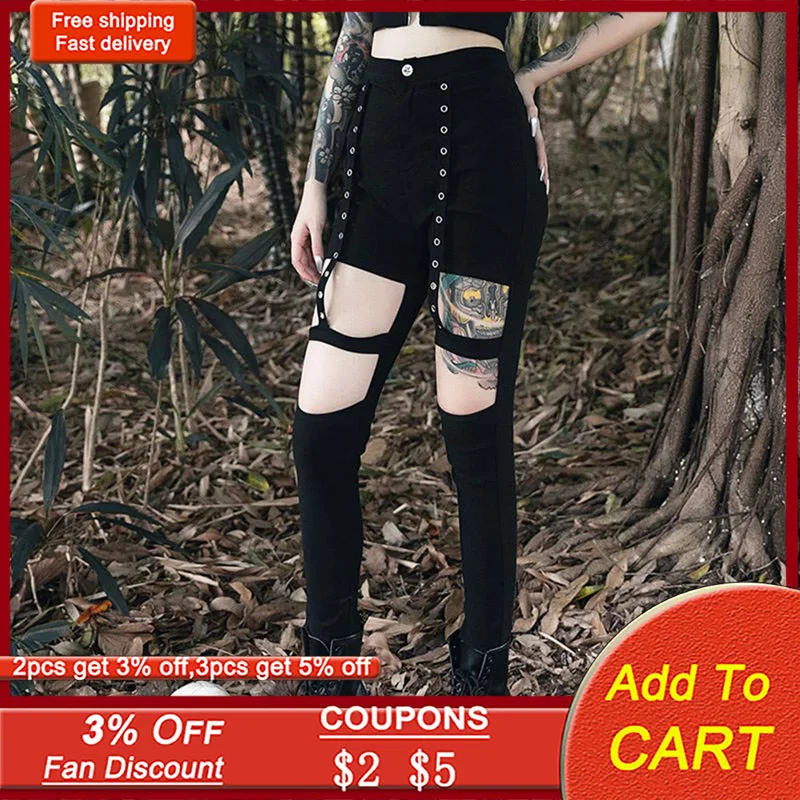Женские обтягивающие брюки карандаш Goth повседневные Черные Облегающие в стиле