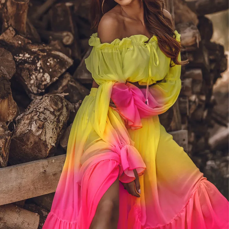 

Spring Autumn Two Piece Set Clothing Fashion Sexy Off Shoulder Boho Solid Ruffle Tops & Slit Long Dress Outfits vestido de mujer