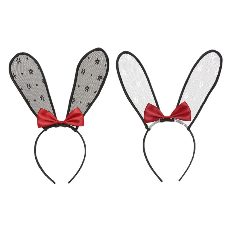 

Bunny Ears Headband Mesh Lace Rabbit Hairband with Bow Halloween Party Performance Theme Costume Hair Accessories
