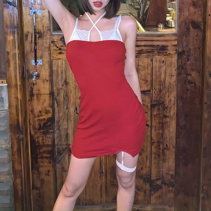 

Red Knitting Women Mini Dresses Strap 2021 Sexy Party Club Backless Summer Bodycon With Leg Loop Sling Dress