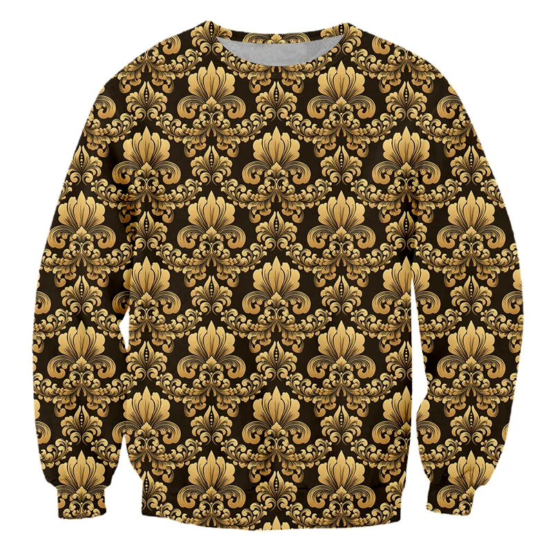 

IFPD EU/US Size Baroque Women's Sweatshirt 3d Print Royal Golden Pattern Luxury Long Sleeves Men Oversize Pullover Streetwear