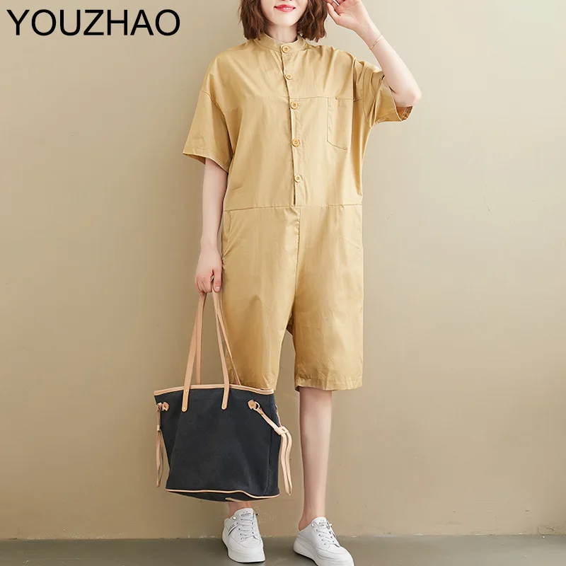 2020 Summer Women Rompers Loose O-Neck Short Sleeve Pocket Shorts Jumpsuit Women Rompers Solid Color Wide Leg Playsuits Overalls