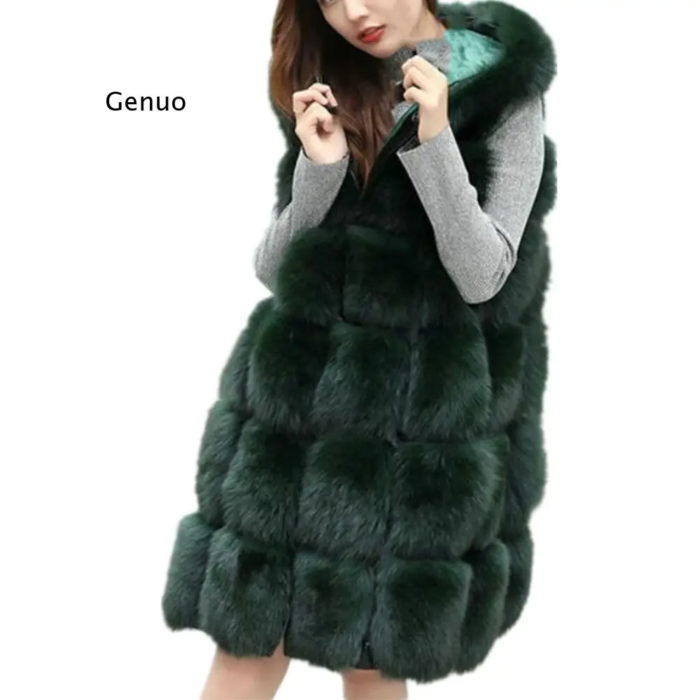 

New Winter 90Cm Thick Warm Faux Silver Fox Fur Sleeveless Vest with Hooded Women Faux Fur Vest Coat Long Fur Coat Jacket