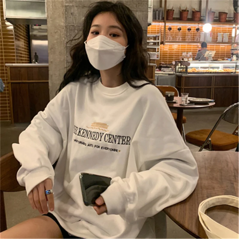 

Korean Version Of Hatless Sweater Loose Thin Print Round Neck Pullover Women's 2021 Spring And Autumn Long-sleeved Top Trend Qn*