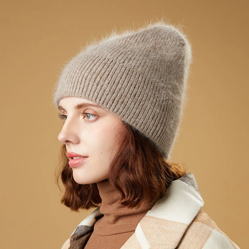 Вязаные шапки, зимние женские шапки, теплые шапки Skullies Beanies, высококачественные женские шапки из кроличьей шерсти, женская шапка - Цвет: Хаки