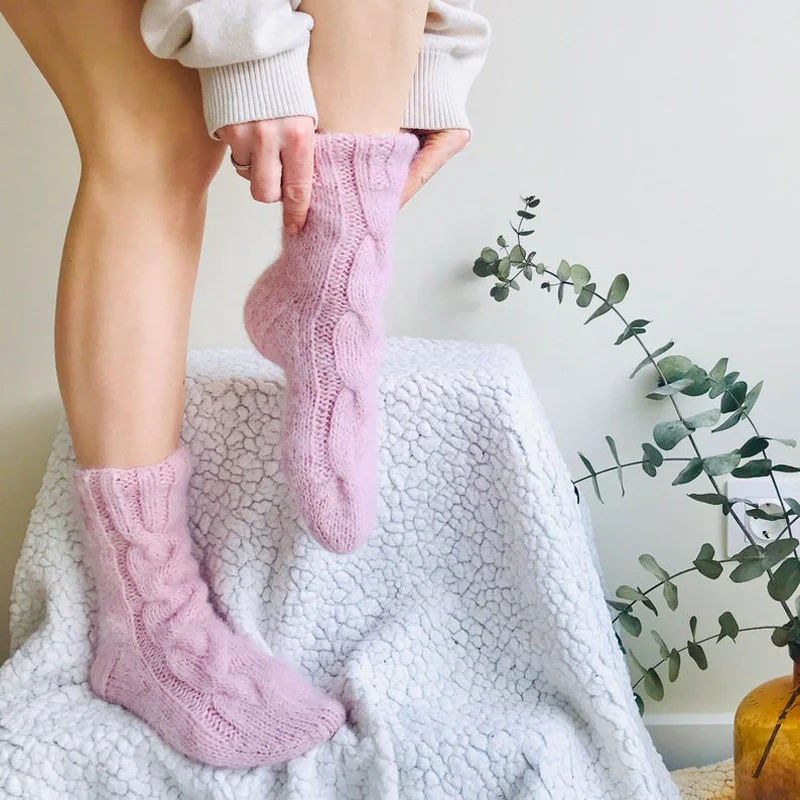 Женские носки вязаные повседневные для девочек розовые серые белые плотные
