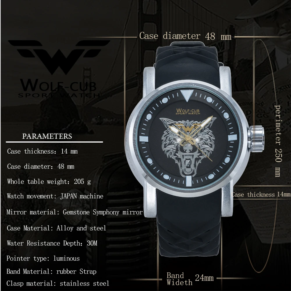 Sports Man Watch Dial Wolf Head Metal Solid Surface Original Movement WOLF-CUB 30BAR Design Personalized | Наручные часы
