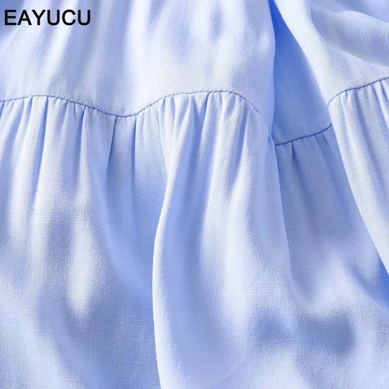 

EAYUCU Elegant solid blue summer dress women ruffles high waist elastic lace up women soft dresses short sleeve rbe femme ED167