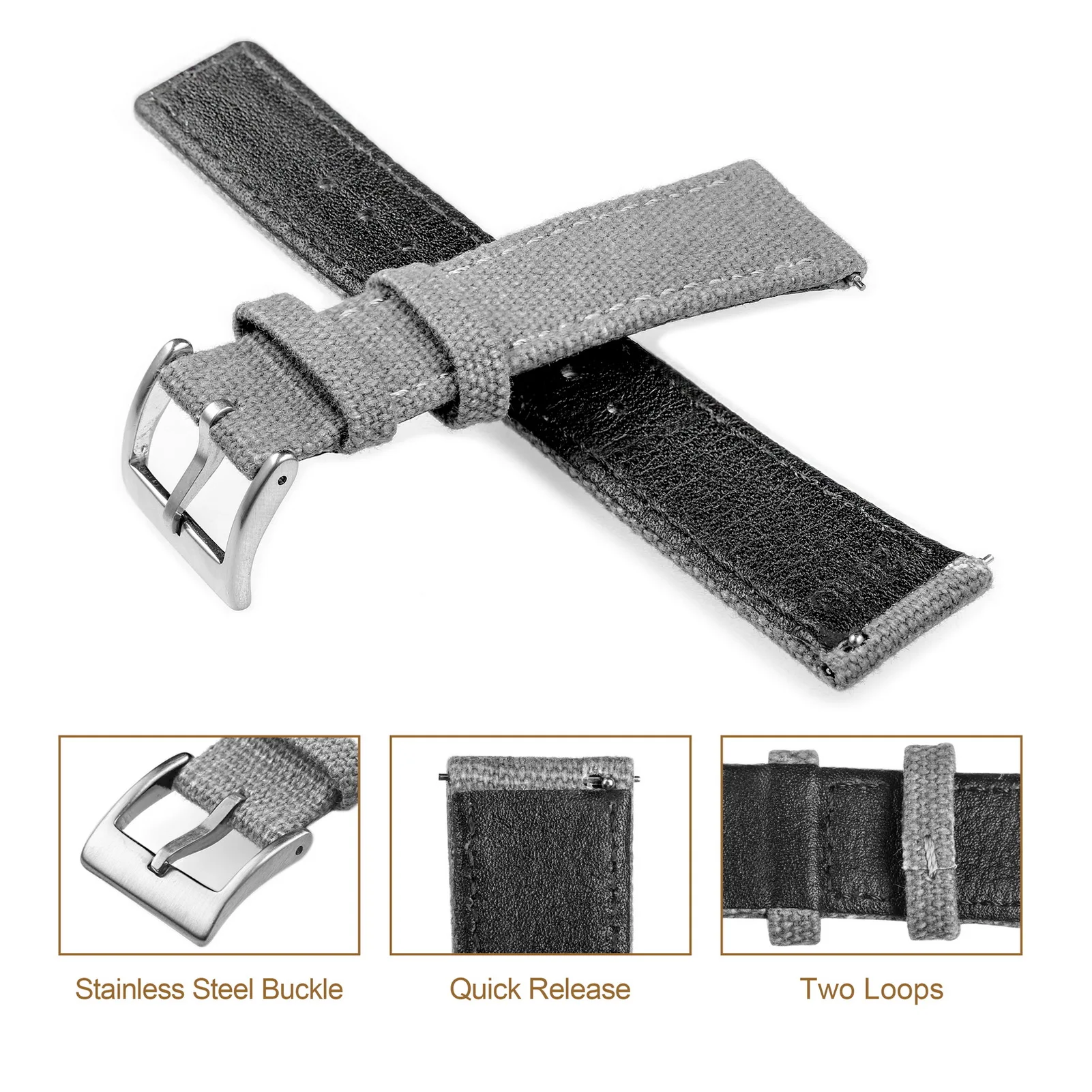 Hemsut Canvas Watch Bands Quick Release Grey  Two Pieces Fabric Watch Straps Heavy Duty Buckle 18mm 20mm 22mm