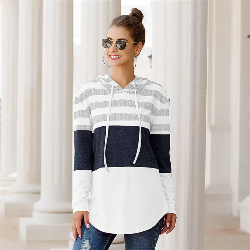 Повседневные полосатые Лоскутные рубашки с капюшоном для женщин осенние модные