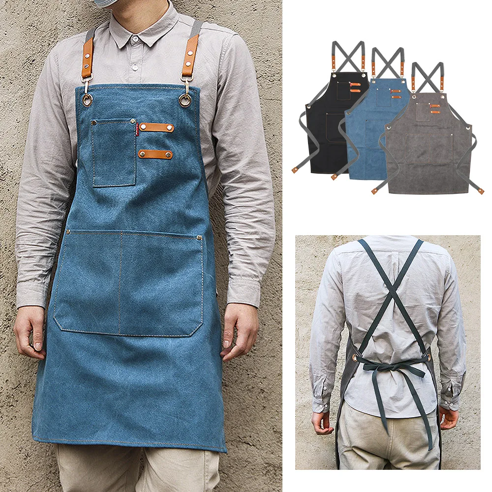 

Chef Work Apron New Fashion With Pockets Cafes Beauty Nails Studios Uniform Canvas Kitchen Aprons For Grill Restaurant