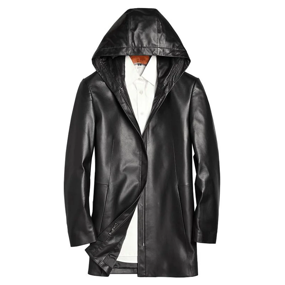 

Medium Long Fashion Hooded Sheepskin Jacket Men Casual Leather Genuine Overcoat Spring Popular Leather Sheepskin Clothing