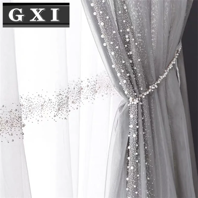 

GXI White Pearl Embroidered Tulle Curtain For Living Room Grey Luxury Voile Beads Lace Balcony Window Tenda Drapes Decor