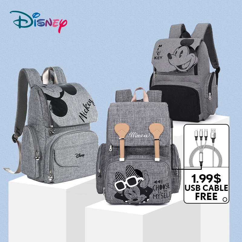 Disney Grey Maternity Backpack Diaper Bag Waterproof USB Baby Bag Organizer Nappy Maternity Bag Free 1Pair Hooks Baby Essentials